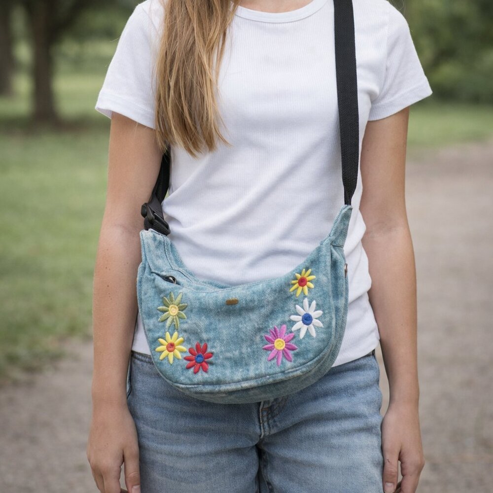 Floral Embroidered Denim Crossbody Bag – Cute Casual Everyday Purse